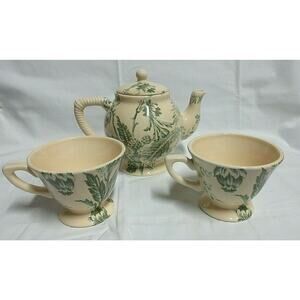 HALLMARK BUTTERY YELLOW BOTANICAL PRINT CERAMIC TEAPOT W/ 2 MATCHING PEDASTLE MU
